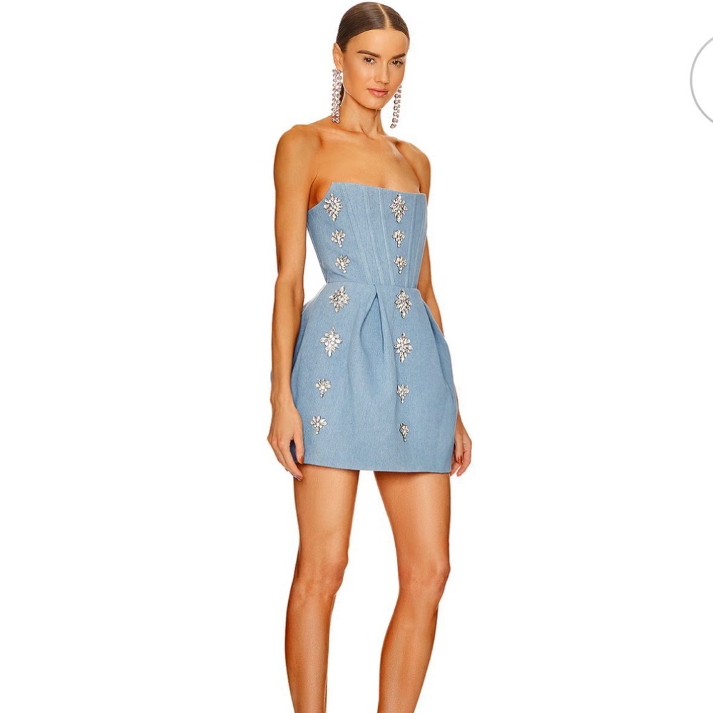 Bronx and Banco - Maraya Denim jean Blue Diamond Embellished Mini Dress- Revolve - Picture 7 of 10